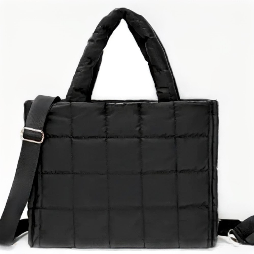 Black Quilted Tote Large Shoulder Bag with Detachable Strap - Picture 6 of 6